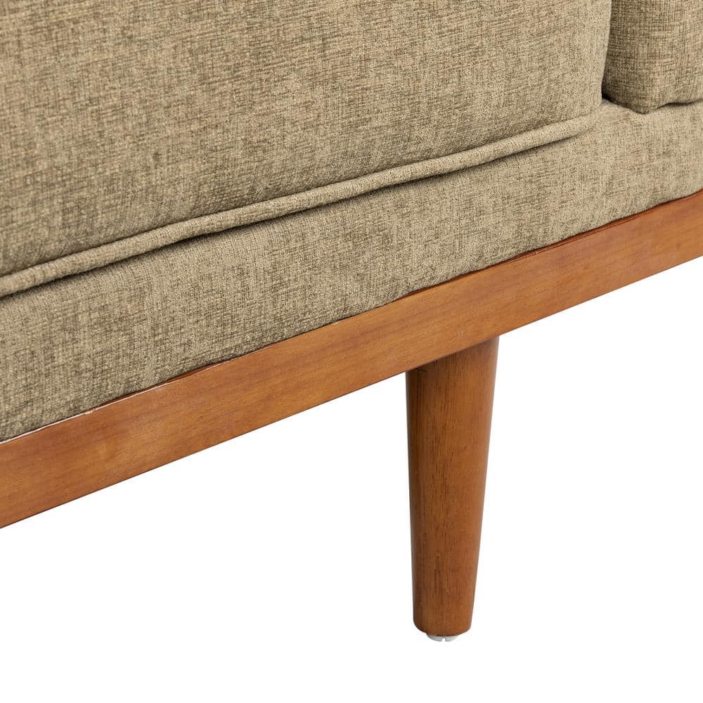Dark Beige Fabric Tufted Loveseat with Walnut Frame and Accent Pillows