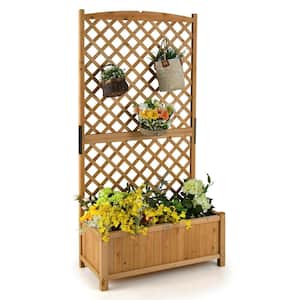 35.5 in. Orange Fir Wood Planter Raised Bed with Trellis for Plant Flower Climbing