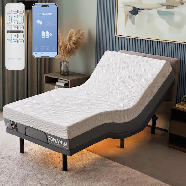 Gray Twin XL Adjustable Bed Frame + 10 in. Hybrid Memory Foam Mattress-USB, Under Bed Light, Wireless Remote, Massage