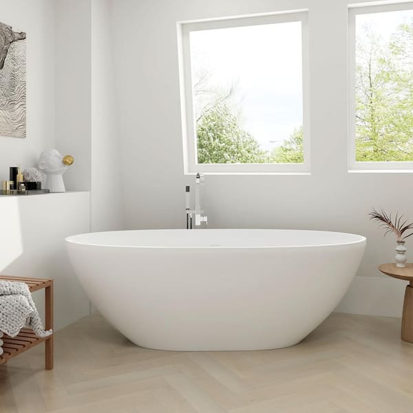Ula 61 in. x 29 in. Stone Resin Freestanding Soaking Bathtub in White