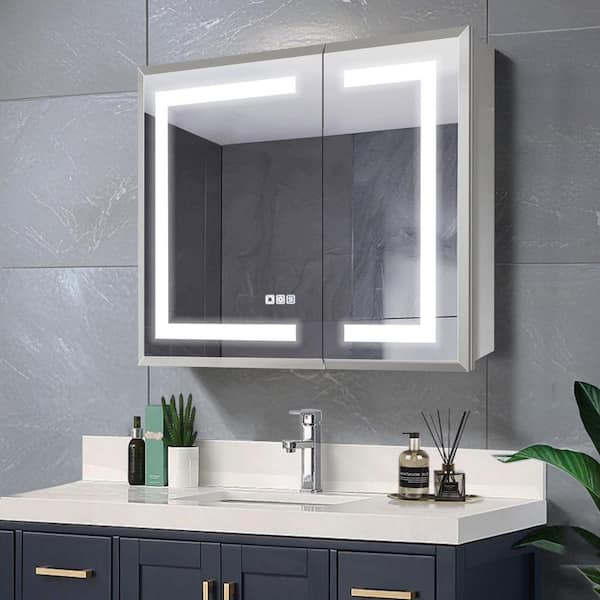 30 in. W x 24 in. H Rectangular Silver Aluminum Recessed/Surface Mount Lighted Medicine Cabinet with Mirror And Dimming