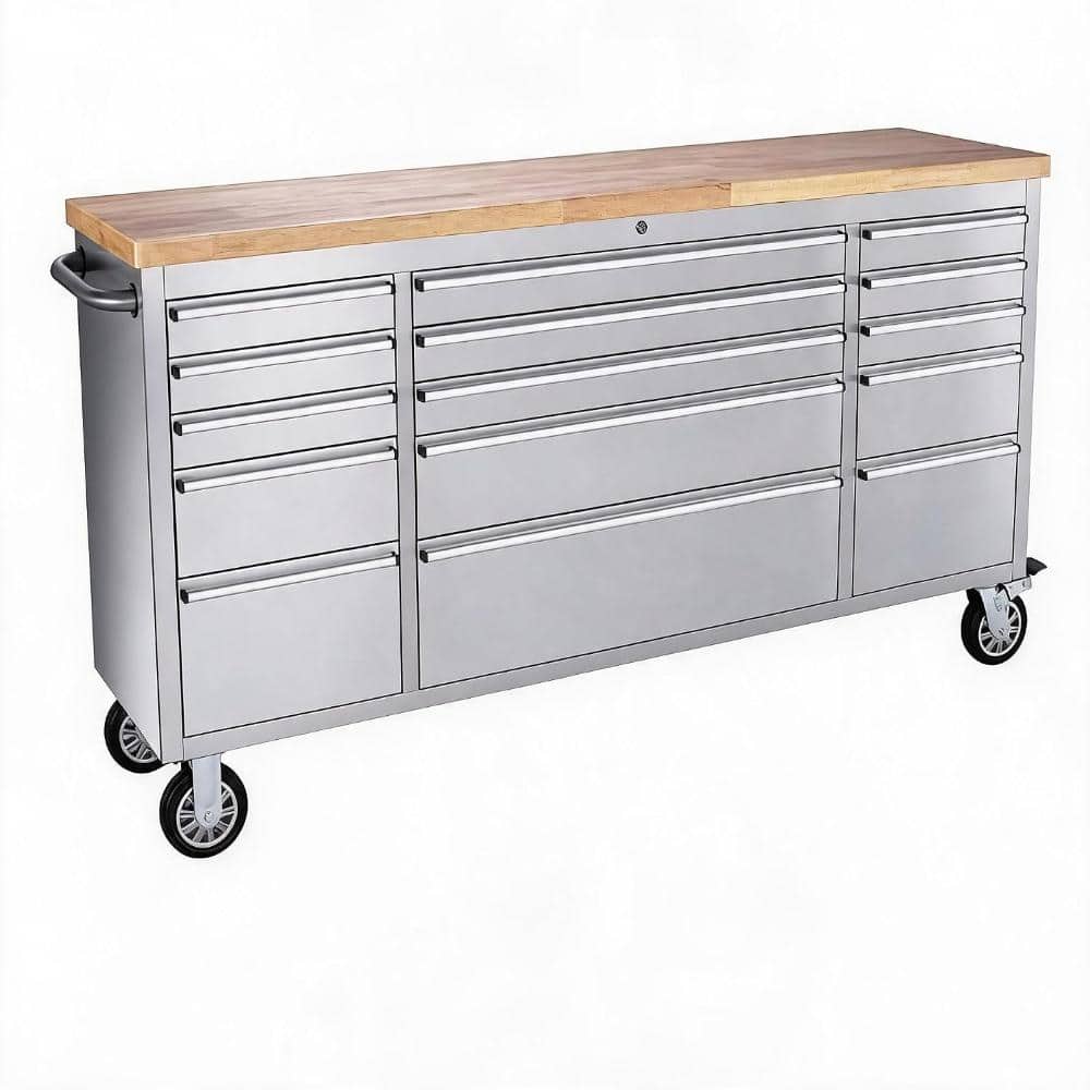 "15-Drawer Rolling Tool Chest 72"" Steel Cabinet, Solid Wood Top Silver Workbench with Locking Wheels & Key Lock" price history on PriceWatchPro