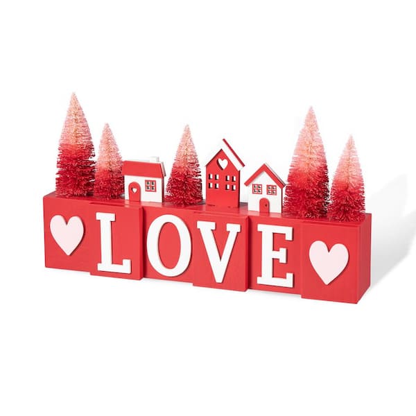 7.50 in. H Valentine's Wooden House/Brush Trees LOVE Table Decor