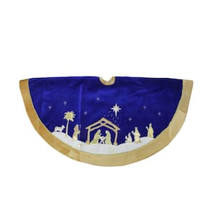 48 in. Blue and Gold Nativity Scene Christmas Tree Skirt with Gold Border