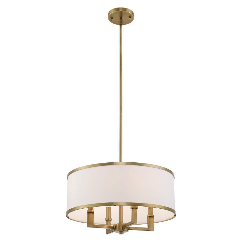 Mini Drum 4-Light Chandelier in Antique Brass with Off-White Shade