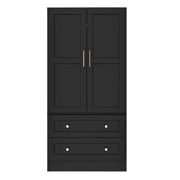 Shaker 32 in. W x 22 in. D x 65 in. H Ready to Assemble Floor Base Storage Cabinet in Black with Hanging Rod and Shelves