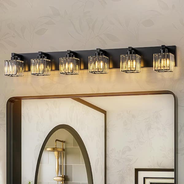 Orillia 43.3 in. 6-Light Black Bathroom Vanity Light with Crystal Shades