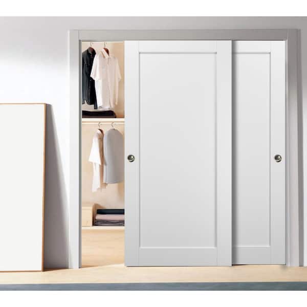 Assembly Required 60 in. x 84 in. Single Panel White Finished Solid MDF Sliding Door with Bypass Sliding Hardware