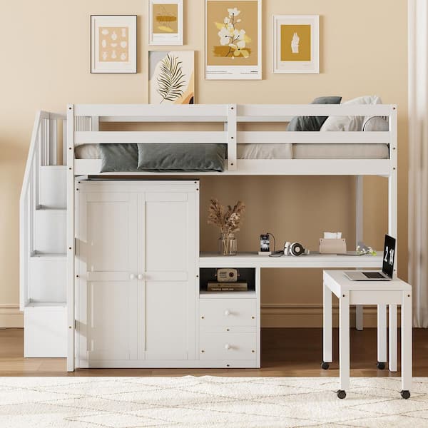 Harper & Bright Designs Multifunctional White Full Size Wood Loft