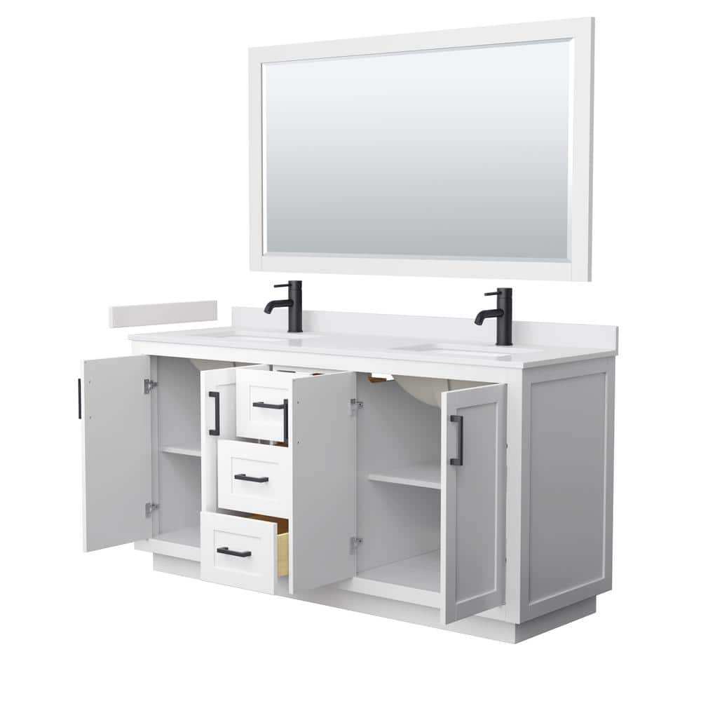 Miranda 66" White Double Vanity with Marble Top and Matte Black Trim