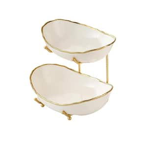 Gold-rimmed 2-Tier Ceramic Fruit Bowl for Kitchen Countertop and Modern Multi Layer Fruit Display Stand for Party