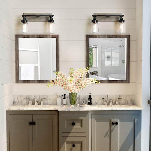 Lnc 2 Light Black Faux Wood Mason Jar, Bathroom Light Fixtures Over Mirror Home Depot