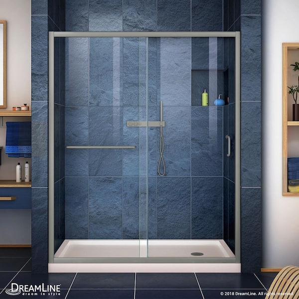 DreamLine Infinity-Z 30in. x 60in. Semi-Frameless Sliding Shower Kit Door with Center Drain Shower Base in Biscuit