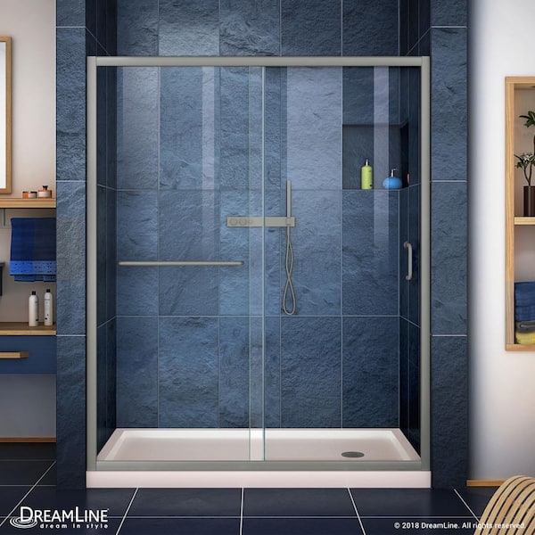 DreamLine Infinity-Z 34 in. x 60 -Frameless Sliding Shower Door in Brushed Nickel with Right Drain Shower Base in Biscuit
