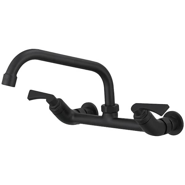 Double Handle Wall Mount Utility Faucet with 8 in. Swivel Spout Standard Kitchen Faucet in Matte Black