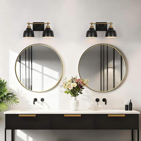 Modern 2-Light Black Vanity Light with Brass Plated Metal Arm White Inner Bell Shades for Bathroom Round/Arched Mirror