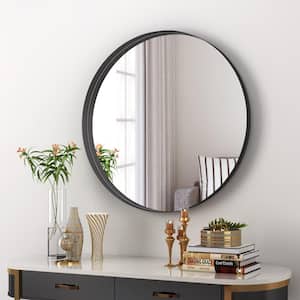 32 in. W x 32 in. H Round Metal Framed Rust-Proof Hanging Wall Mount Bathroom Vanity Mirror in Black