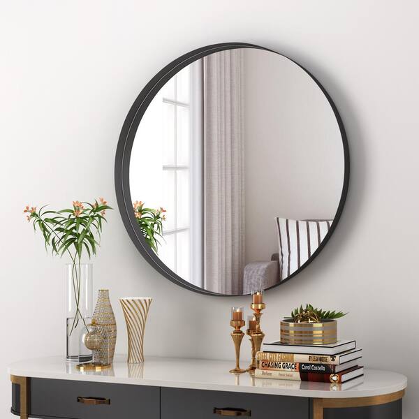 Tileon 24 in. W x 24 in. H Round Metal Framed Rust-Proof Hanging Wall Mount Bathroom Vanity Mirror in Black