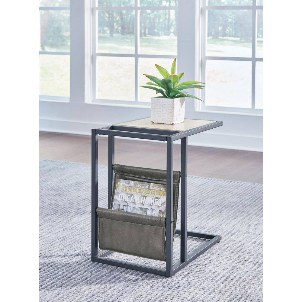 Light Brown and Black Metal Wood End Table with Storage