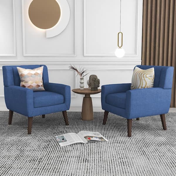 Uixe Blue Linen Arm Chair 2 with Tufted Cushions (Set of 2)