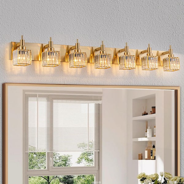 Orillia 51.18 in. 7-Light Modern Gold Bathroom Vanity Light with Crystal Shades