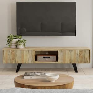 Lowry Solid Mango Wood 72 in. Wide Modern Industrial TV Media Stand in Natural For TVs up to 80 in.