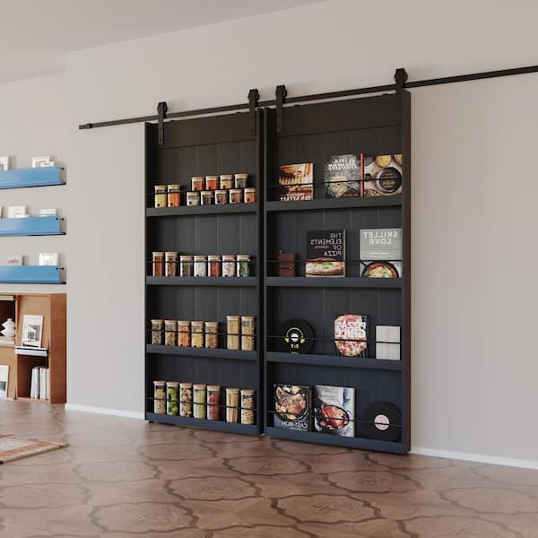 72 in. x 84 in. 4-Levels Shelves Style, Black Primed, MDF, Need to Assemble Sliding Barn Door with Hardware Kit