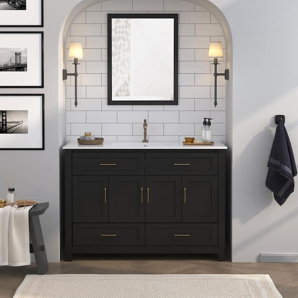 48 in. Single Sink Freestanding Black Bath Vanity with White Ceramic Top
