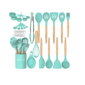 33-Piece Silicon Cooking Utensils Set with Wooden Handles and Holder for Non-Stick Cookware, Green