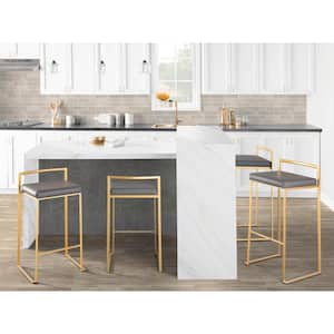 Fuji 27.75 in. Grey Faux Leather and Gold Metal Stackable Counter Stool (Set of 3)