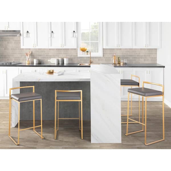 LumiSource Fuji 27.75 in. Grey Faux Leather and Gold Metal Stackable Counter Stool (Set of 3)