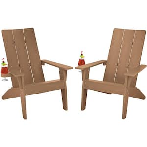 Oversize Modern Teak Plastic Outdoor Patio Adirondack Chair with Cup Holder (2-Pack)