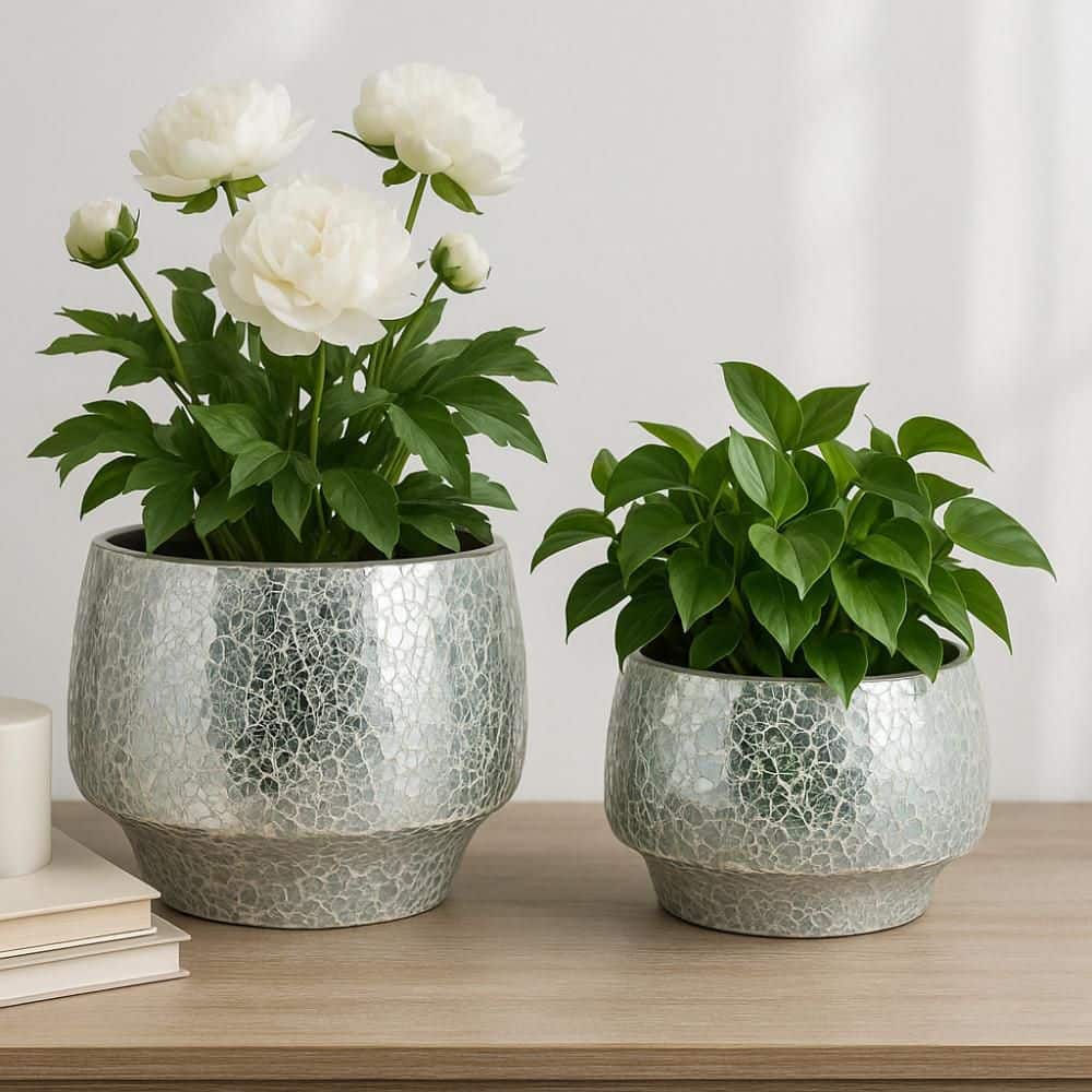 8.75 in. and 10.75 in. Silver Metal Mosaic Curved Crackle Planters (Set of 2) for Indoor/Outdoor price history on PriceWatchPro