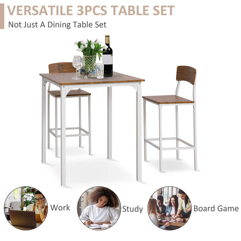 Rustic White and Medium Wood 3-Piece Bar Table Set with Steel Legs