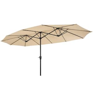 15 ft. Market Patio Umbrella Large Double-Sided Rectangular Twin Umbrella with light and base in Tan