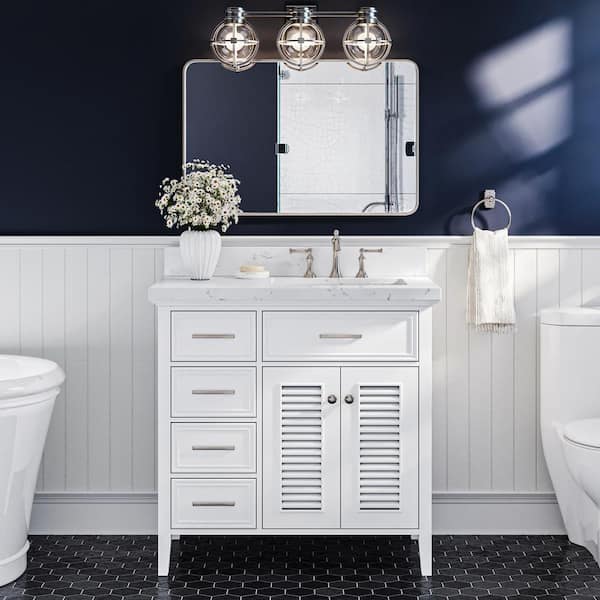 ARIEL Kensington 36.25 in. W x 22 in. D x 36 in. H Single Sink Freestanding Bath Vanity in White with Carrara White Quartz Top