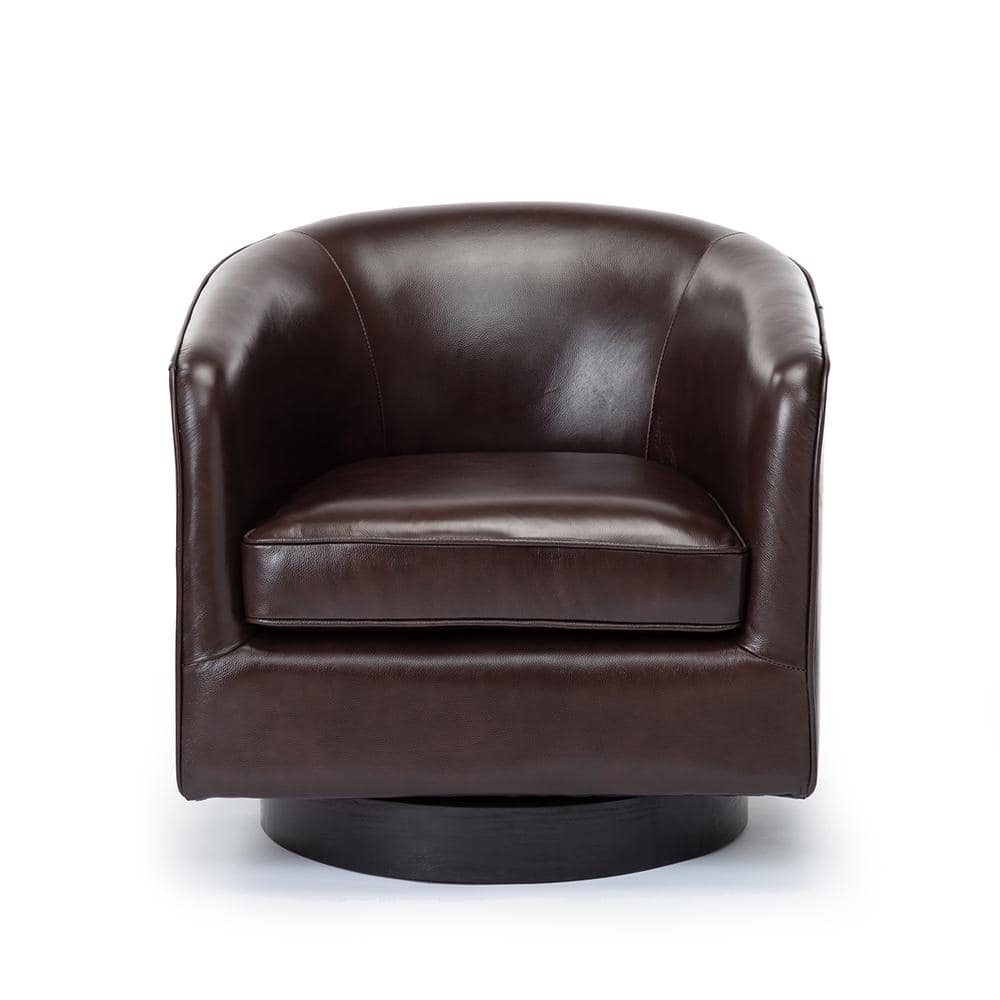Transitional Black Top Grain Leather Swivel Barrel Chair with Wooden Base