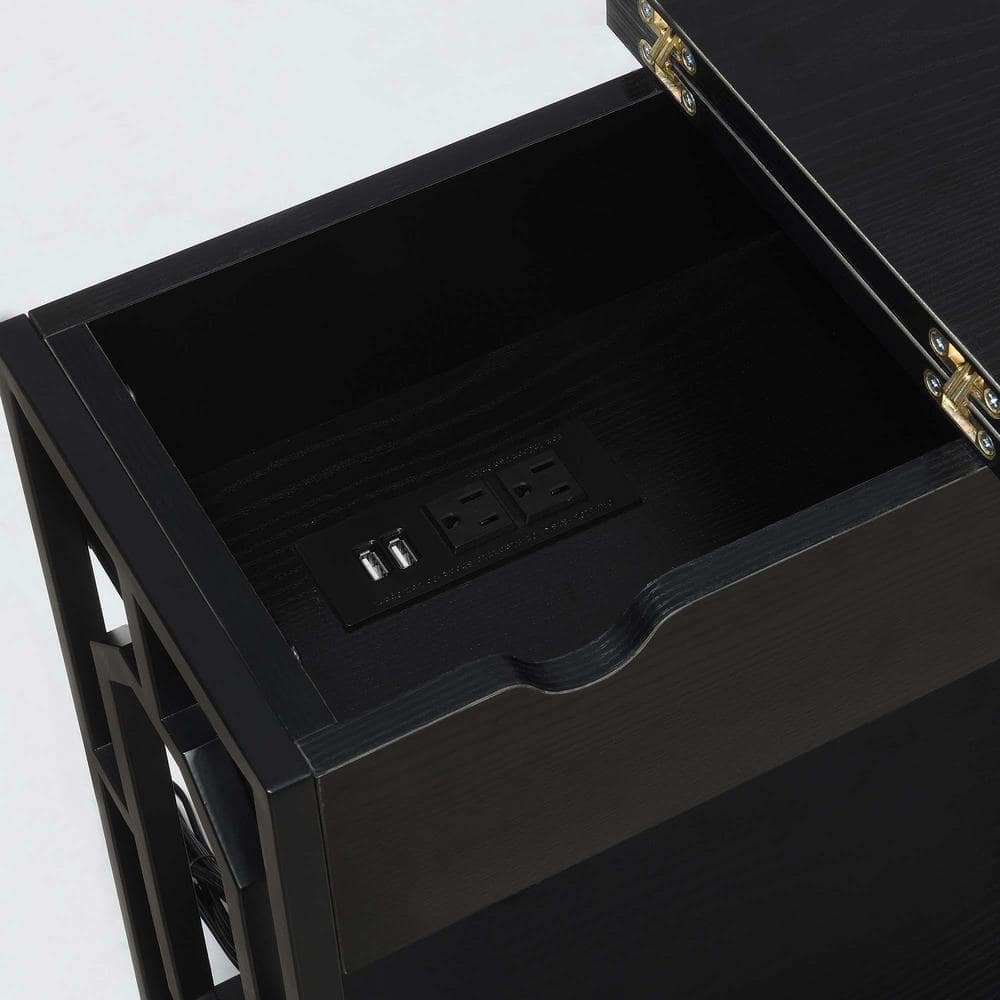 Modern Black Wood & Metal End Table with Charging Station & Storage