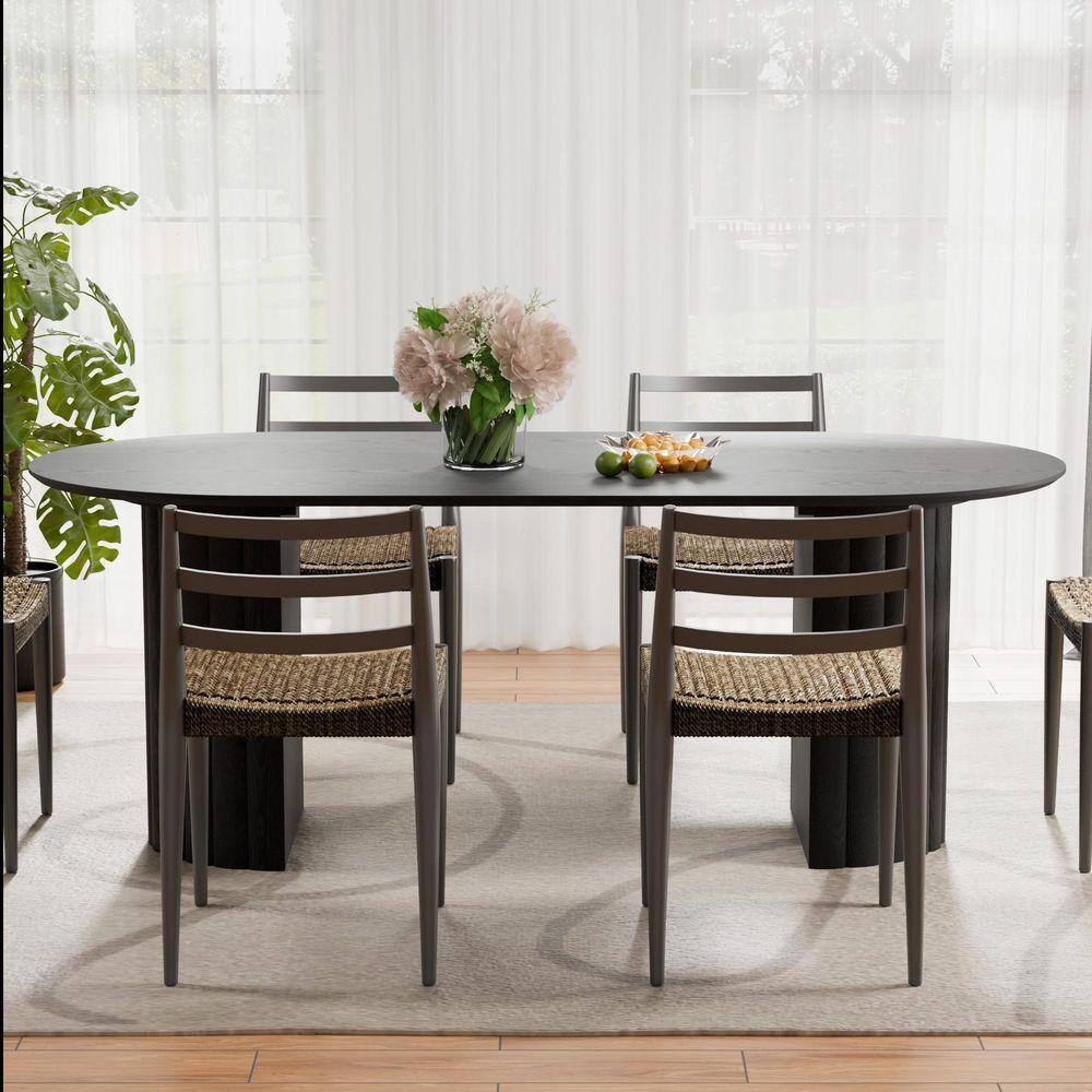 Lirago Farmhouse Black Oval Top Wood 79 in. Double Pedestal Base Dining ...