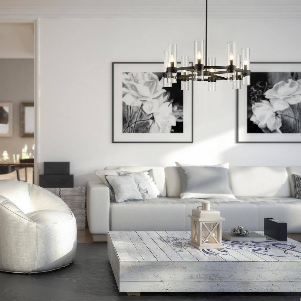 Matte Black Iron and Glass 32" Round Chandelier