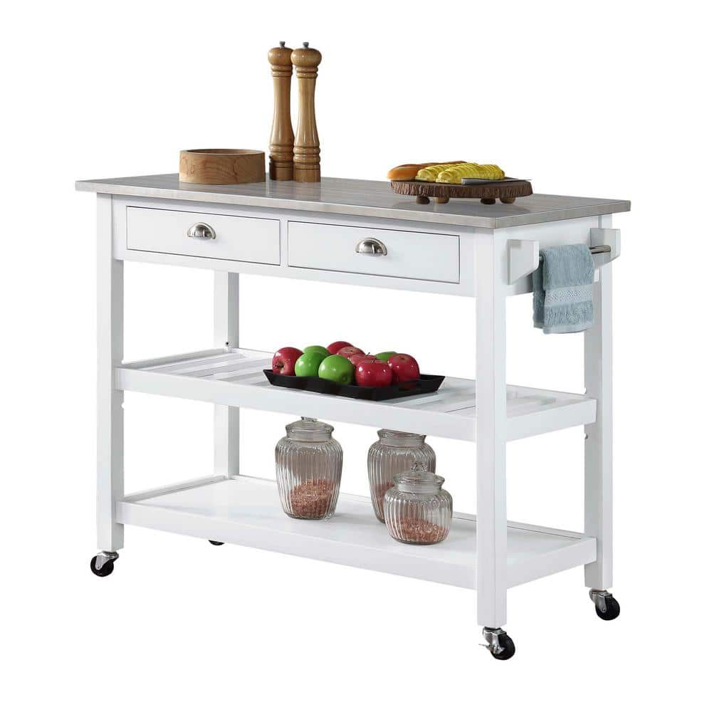 White Stainless Steel Kitchen Cart with Wine Rack and Storage