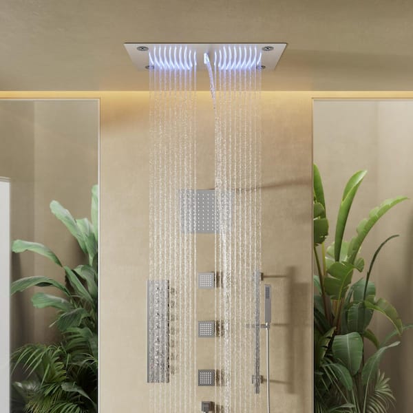 Large 63-Spray 28L in. and 8 in. Dual ShowerHead Ceiling Mount Fixed and Handheld Shower Head in Brush Nickel 2.5GPM