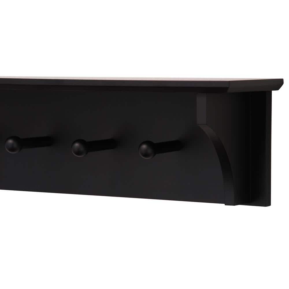 Black Asian Hardwood Wall Shelf with 5 Pegs
