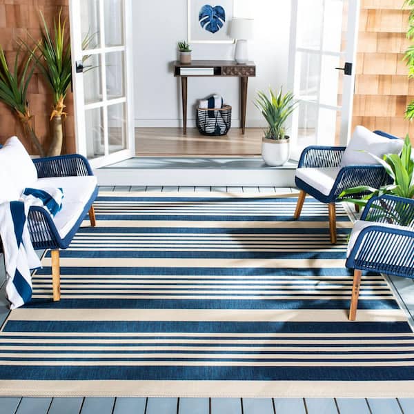 Courtyard Navy/Beige 7 ft. x 7 ft. Striped Indoor/Outdoor Patio  Square Area Rug