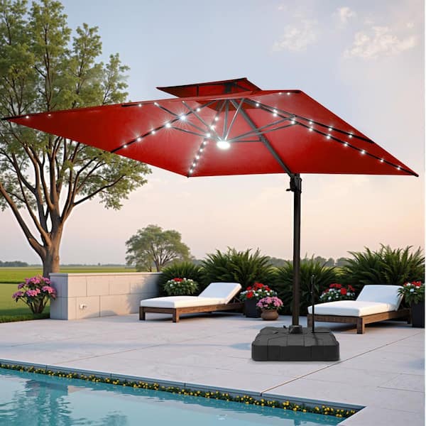 11.5 ft. x 9 ft. Rectangular Solar LED Lighted 360° Rotation Cantilever Patio Umbrella in Red and 300 lbs.Wheeled Base