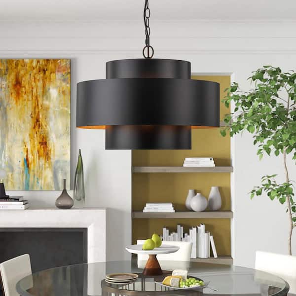 RRTYO Laurie 7-Light Vintage Industrial Black Drum Gold Leaf Chandelier Light for Dining Room/Living Room