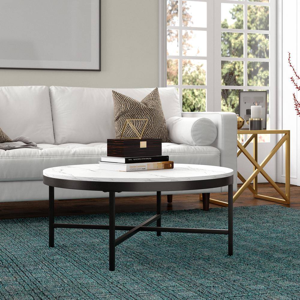 Elegant 36" Round Faux Marble Coffee Table with Bronze Finish