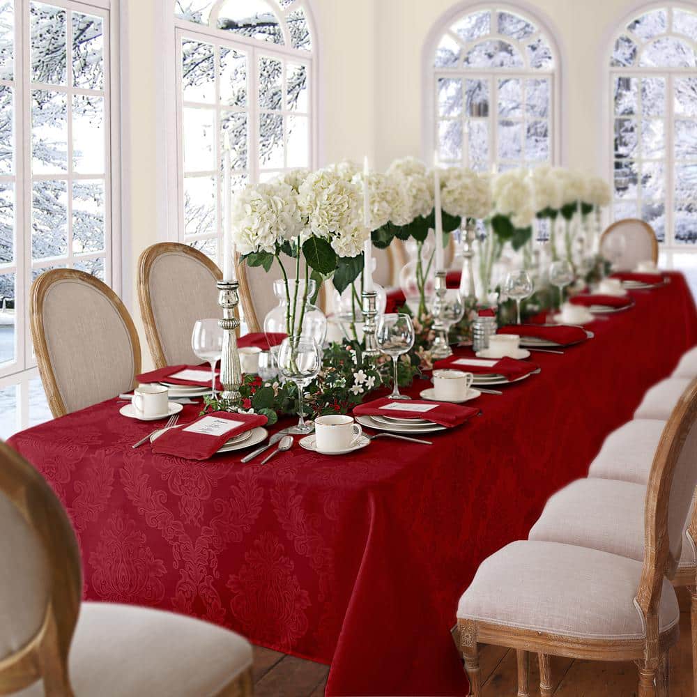 Luxurious Red Jacquard Damask Polyester Tablecloth, 60" x 84" Oblong