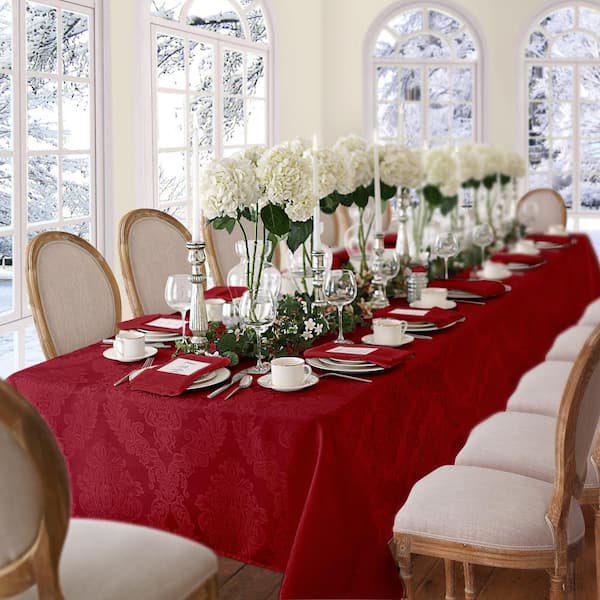 Elrene 60 in. W x 84 in. L OvaL Red Barcelona Damask Fabric Tablecloth