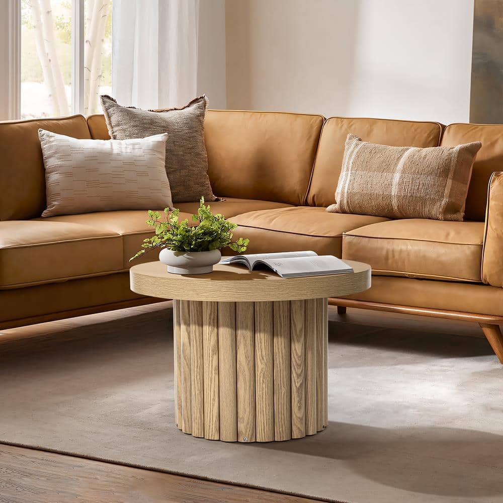 Fluted Round Oak Finish Wood Coffee Table